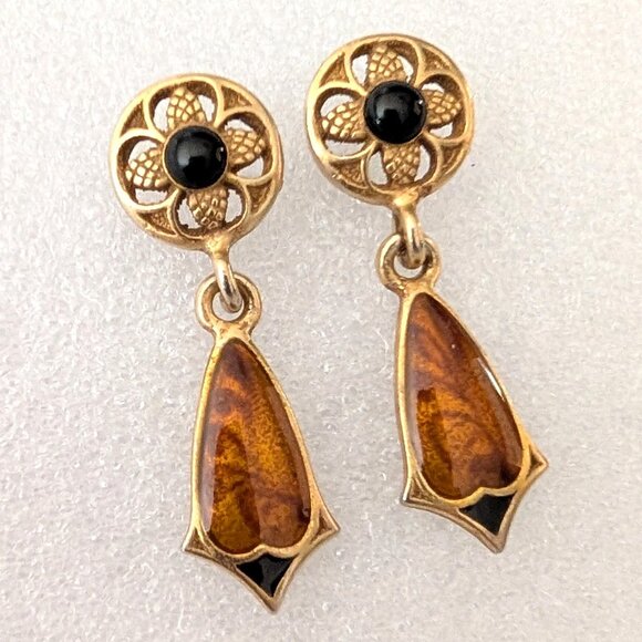 Gold tone dangle earrings with copper and black enamel and black bead accents - Picture 3 of 5